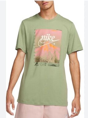 Nike Olive Green Short-Sleeve Graphic Tee with Pink/Orange Mountain
